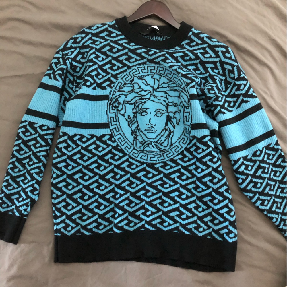 Versace sweater Men's La Greca Medusa Monogram Jacquard Jumper blue authentic